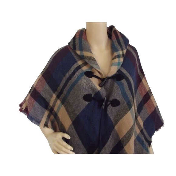 Blanket Poncho One Size OS Autumn Fall Plaid Poncho soft toggle wrap blue camel - Picture 2 of 9